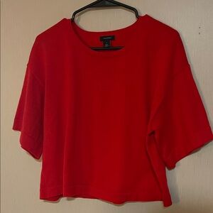 Halogen small oversized red soft knit rounded neck boxy sweater top short sleeve